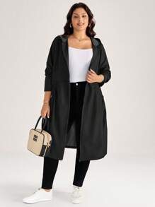 Comfylo 加大码时尚纯色军绿色连帽口袋设计中长款夹克秋季带口袋女式风衣外套冬装 - 黑色 - 查看 3