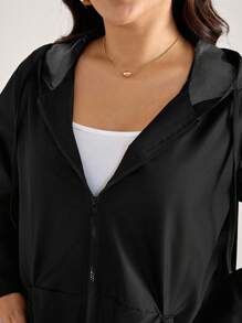 Comfylo 加大码时尚纯色军绿色连帽口袋设计中长款夹克秋季带口袋女式风衣外套冬装 - 黑色 - 查看 6