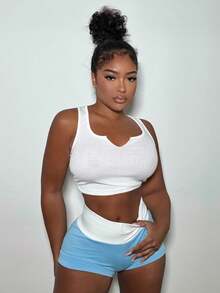 Alexandranx 女士休閒簡約基本款家居套裝：可愛運動風緊身U領短上衣和低腰緊身短褲，藍白針織彈性氨織素材 - 藍色 - 查看 1