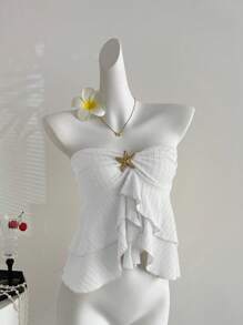 Sweetra 浪漫百搭双层荷叶边下摆海星扣扭花前短款上衣 - 白色 - 查看 5