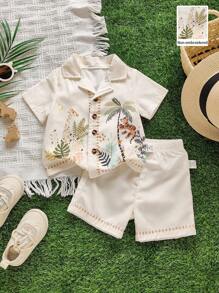 Souflis Souflis 2 件套男婴幼儿/新生儿休闲优雅动物园印花衬衫夹克和短裤夏季服装，0-3 岁 - 杏色 - 查看 3