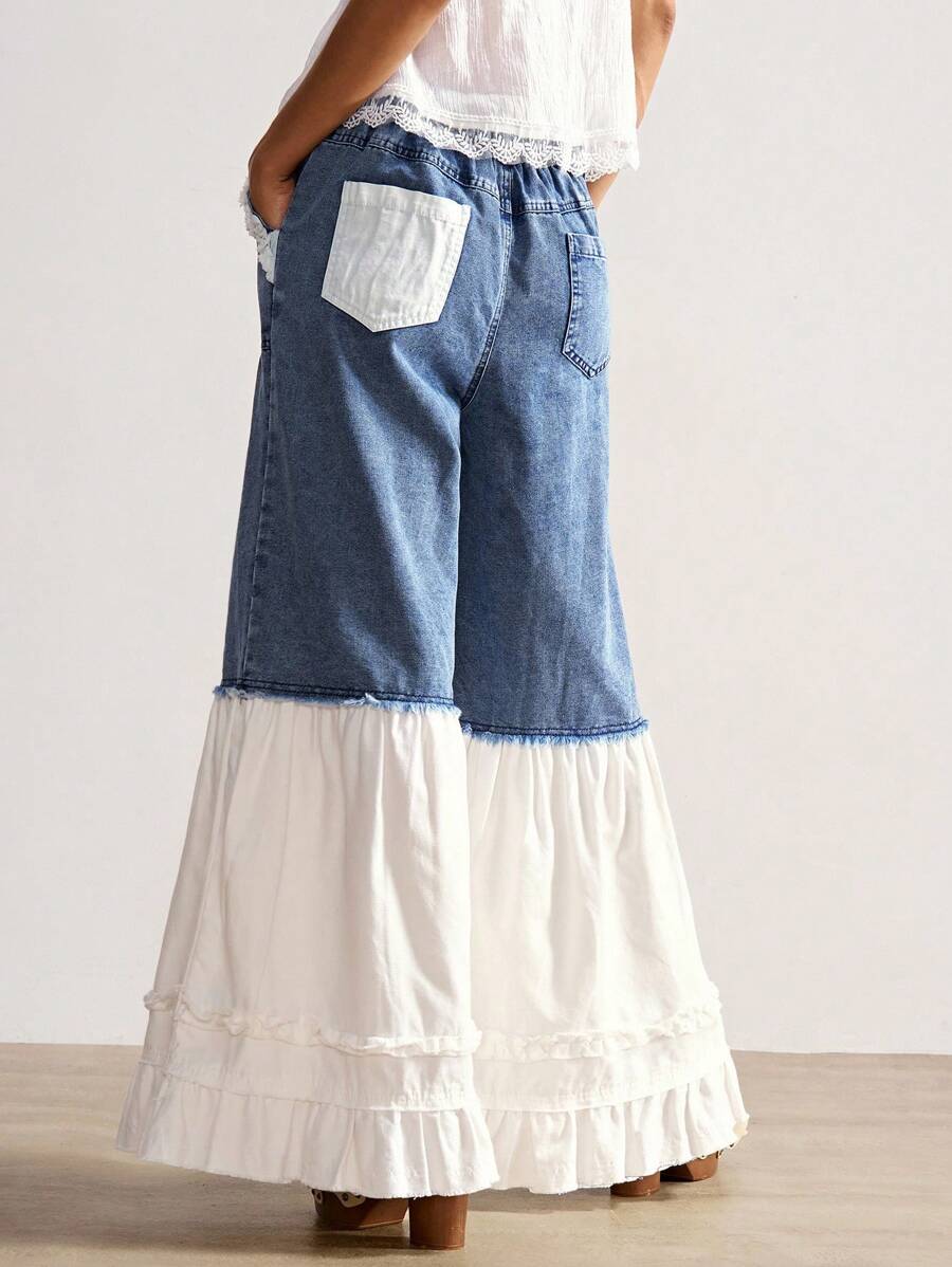 Bohemela Summer/Autumn Women's Vintage Casual Solid Color Woven Wide Leg Loose Fit Jeans Pants, Bohomian Style Vacation Outfits Wide Leg Jeans Women Ruffle Pants Loose Jeans Two Tone Jeans Tiered Ruffle Jeans
