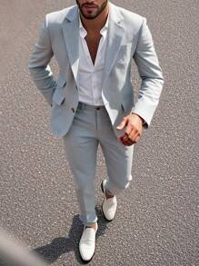 Calvornis 男士纯色翻领长袖夹克和裤子休闲西装套装 - 灰色 - 查看 1