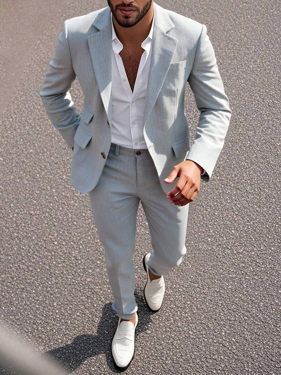 Calvornis 男士纯色翻领长袖夹克和裤子休闲西装套装 - 灰色 - 查看 1