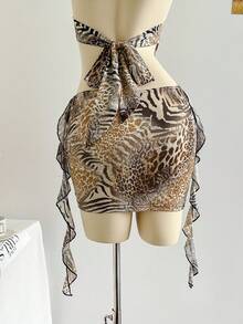 Soleia 女士性感迷你连衣裙，复古豹纹与斑马纹组合，V领，金属装饰吊带，腰部镂空，荷叶边下摆，适合派对、约会、下午茶、街头、城市度假、音乐节、海滩、夏季风格 - 彩色 - 查看 7