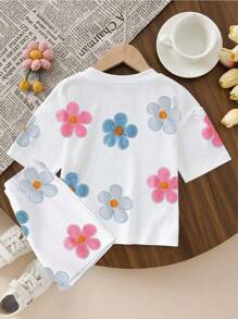 SHEIN Vintaside Kids 2 件套青少年女孩休闲时尚舒适简约可爱花卉印花短袖 T 恤和短裤套装，夏季 - 彩色 - 查看 2