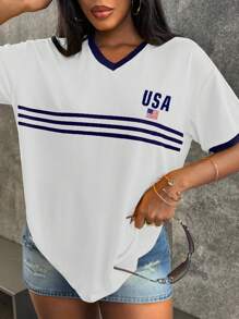 INAWLY 女式 V 领条纹字母美国国旗印花撞色边短袖 T 恤，夏季图案 T 恤女式上衣 - 白色 - 查看 4
