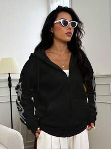 INAWLY Y2K Graphic Hotfix Rhinestones Diamond Sweatshirt, Casual Long Sleeve Hoodie With Zipper And Pocket - Black - View 4