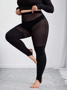 SHEIN CURVE+ Curve 大码/秋装/秋季女装/女冬装/冬装女士大码、连体丝袜、黑色大码打底裤、防滑高腿打底裤、黑色网眼贴片打底裤，适合日常休闲穿着，简约时尚，春夏装女秋装，冬季，CURVE PLUS - 黑色 - 查看 4