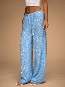 SHEIN BAE Quần ống rộng đính sequin cạp trễ dành cho nữ, thích hợp cho kỳ nghỉ ở bãi biển, mùa hè - Màu xanh nhạt - Xem 5