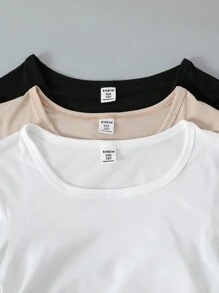 Sparklyn 3pcs/Set Tween Girls Casual All-Match Versatile Square Neck Long Sleeve Cropped Knit Stretchy T-Shirt, For Home & Everyday Wear Fall Winter - Multicolor - View 3