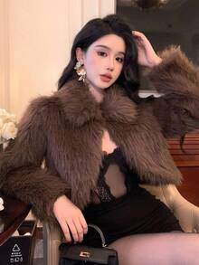 DAZY 女士仿毛皮宽松休闲商务外套，适合新年、圣诞节、婚礼、派对、时尚场合，秋冬季女式外套 - 棕色 - 查看 1