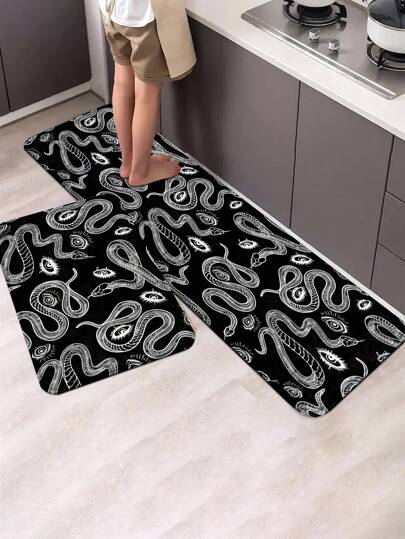 Hippie Snake Eyes Kitchen Mat - Gothic Non-Slip Floor Rug With Black Serpent Design, Waterproof Anti-Fatigue Cushion For Sink, Counter, Dark Decor - Easy Clean, Stain Resistant, Floor Cushion For Standing, Halloween