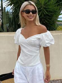 Livesso Áo sơ mi tay bồng trơn màu thanh lịch dành cho nữ, áo trễ vai mùa hè - trắng - Xem 1