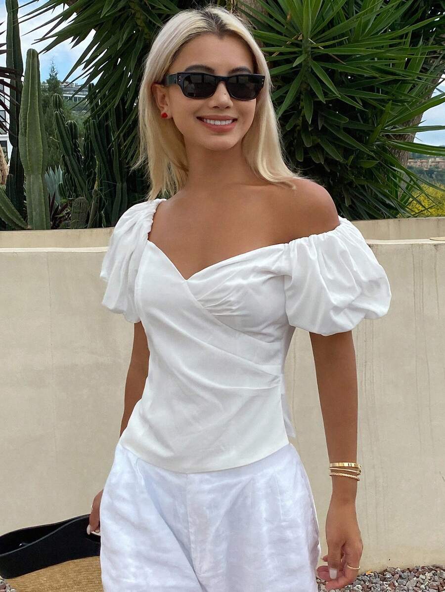 Livesso Áo sơ mi tay bồng trơn màu thanh lịch dành cho nữ, áo trễ vai mùa hè - trắng - Xem 1