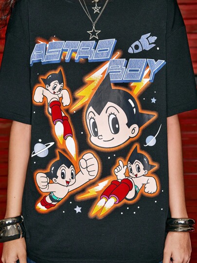 Astro Boy X ROMWE Back To School Cartoon Figure Graphic Loose Short Sleeve T-Shirt