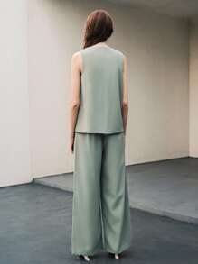 Uhlyne Women's Elegant Gold Button Blazer Vest Set,Olive Green,Little Strech,Easy Care,Waistcoat,Autumn,Minimalist,Work Wear,Teacher Outfits,Back To School,Fall ,Neutral Clothes,Business Casual,Old Money Style Sage Green Top Asymmetrical Top Light Green Top Sage Green Sleeveless Top Mint Green Top - Mint Green - View 4