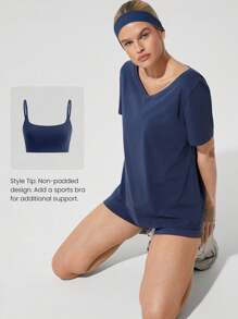 GLOWMODE 比马棉休闲柔软弹力透气常规版型臀长 V 领 T 恤日常休闲装 - Dark Blue - 查看 6