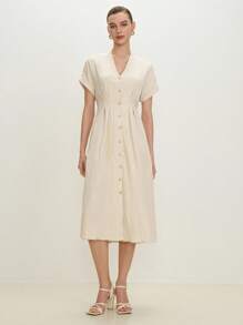 BizChic 2025年夏季新款V领优雅淑女连衣裙，适合音乐节派对、婚礼嘉宾、早午餐、休闲、通勤、约会、毕业、百搭春夏 - 米色 - 查看 5