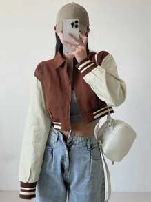 DAZY 撞色运动短外套，学院风拉链长袖连帽衫，立领棒球夹克女式外套 - 棕色 - 查看 5