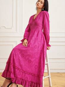 GENKIRA 复古优雅设计刺绣镂空荷叶边下摆修身长裙 - 玫紅色 - 查看 7