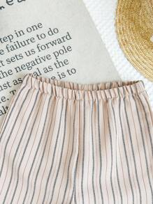 LMoss Kids 女婴条纹上衣和宽松休闲裤两件套，幼儿女童两件套服装，幼儿女童夏季条纹两件套，女婴细条纹套装，幼儿女童亚麻套装，女童套装 - 卡其色 - 查看 4