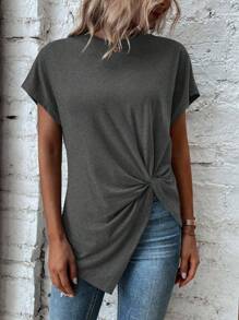 SHEIN LUNE Summer Casual Solid Color Twist Asymmetrical Hem T-Shirt