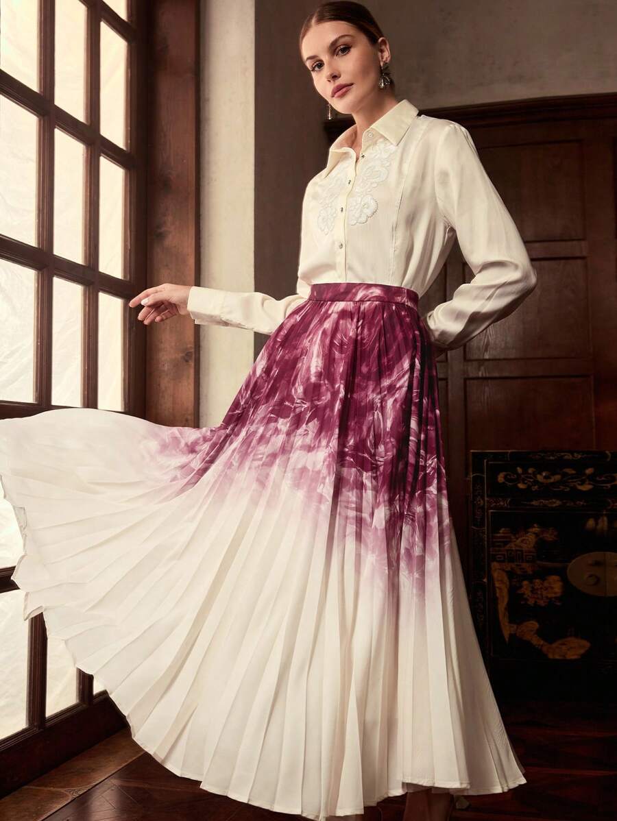 ZEYLAH Ombre Umbrella Print Maxi Skirt, Elegant Design For Early Autumn - Multicolor - View 1