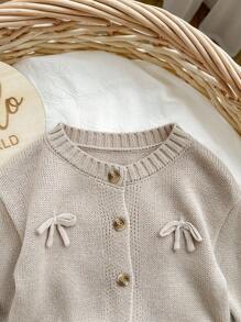 SHEIN Babygirl 杏色蝴蝶结针织开衫，百搭秋冬 - 杏色 - 查看 3