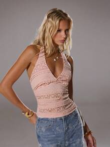 TRNVIE 女士纯色蕾丝针织露背吊带短款上衣