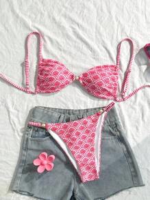 Swim Mod Set de 2 piezas Bikini con estampado de leopardo sexy con cordones, traje de baño informal para la playa