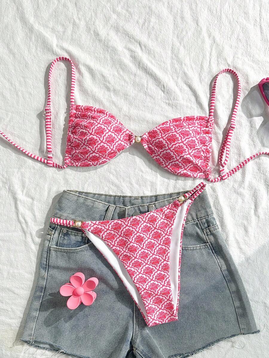 Swim Mod Set de 2 piezas Bikini con estampado de leopardo sexy con cordones, traje de baño informal para la playa