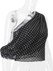 Glamine Elegant Party Mesh Polka Dot Asymmetric-Shoulder Women's New Year Tops