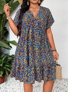 SHEIN LUNE Plus Size Ditsy Floral Short Casual Summer Vacation Dress Floral Summer Dress Boho Summer Dress Short Sleeve Summer Dress Women Summer Dress,Holiday Outfits For Women - Blue - View 3
