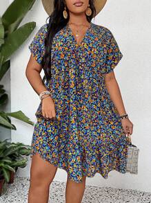 SHEIN LUNE Plus Size Ditsy Floral Short Casual Summer Vacation Dress Floral Summer Dress Boho Summer Dress Short Sleeve Summer Dress Women Summer Dress,Holiday Outfits For Women - Blue - View 6
