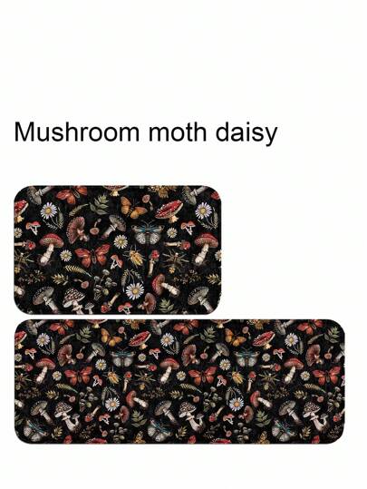 ROMWE Hippie 1pc Gothic Mushroom Moth Rug - Non-Slip Kitchen Mat With Dark Floral Design, Waterproof Absorbent Floor Pad For Hallway, Bathroom & Altar Decor - Witchy Gothiccore, Dark Academia Home Essentials, Home Decor, Halloween