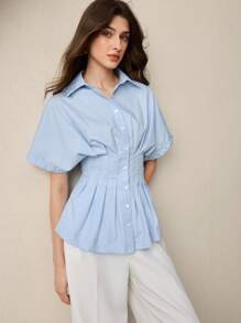 BizChic 女士蓝领腰部条纹束腰前扣肩袖衬衫衬衫，基本款城市通勤简约优雅时尚商务休闲，适合办公室、教师、婚礼嘉宾、音乐会 - 藍色 - 查看 7