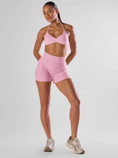 Ra Sport Solid Ruched Bust Open Back Halter Sports Bra, Active Comfy Workout Gym Running Run Clubpadel, Tennis, Pickleball Fitness view 3