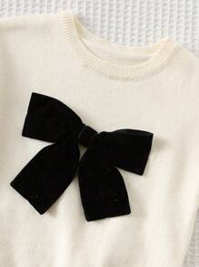 Cozy Pixies 2件套女婴蝴蝶结装饰圆领长袖毛衣和松紧腰长裤套装 - 杏色 - 查看 6