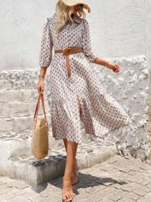 SHEIN LUNE 印花灯笼袖长裙女装 - 咖啡 - 查看 3