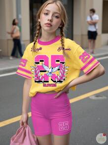 SHEIN Leap Crew 青少年女孩休閒簡約短袖寬鬆T恤與內搭褲2件套，適合夏季女孩夏日穿搭，青少年女孩運動風夏季套裝 - 彩色 - 查看 2