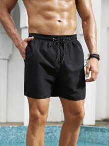 ZELFYO Plus Size Men's Solid Color Drawstring Waist Pocket Beach Shorts Men Drawstring Shorts Men Swimming Shorts - Black - View 7