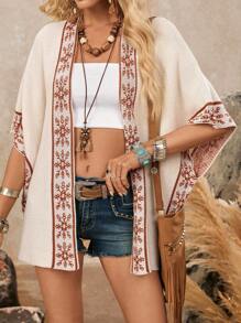 LanaWest 女士针织披肩提花雪花图案波西米亚风格宽松开衫 - 米色 - 查看 6