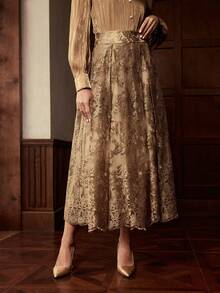 ZEYLAH Embroidered Floral Mesh Long Elegant Skirt - Champagne - View 4