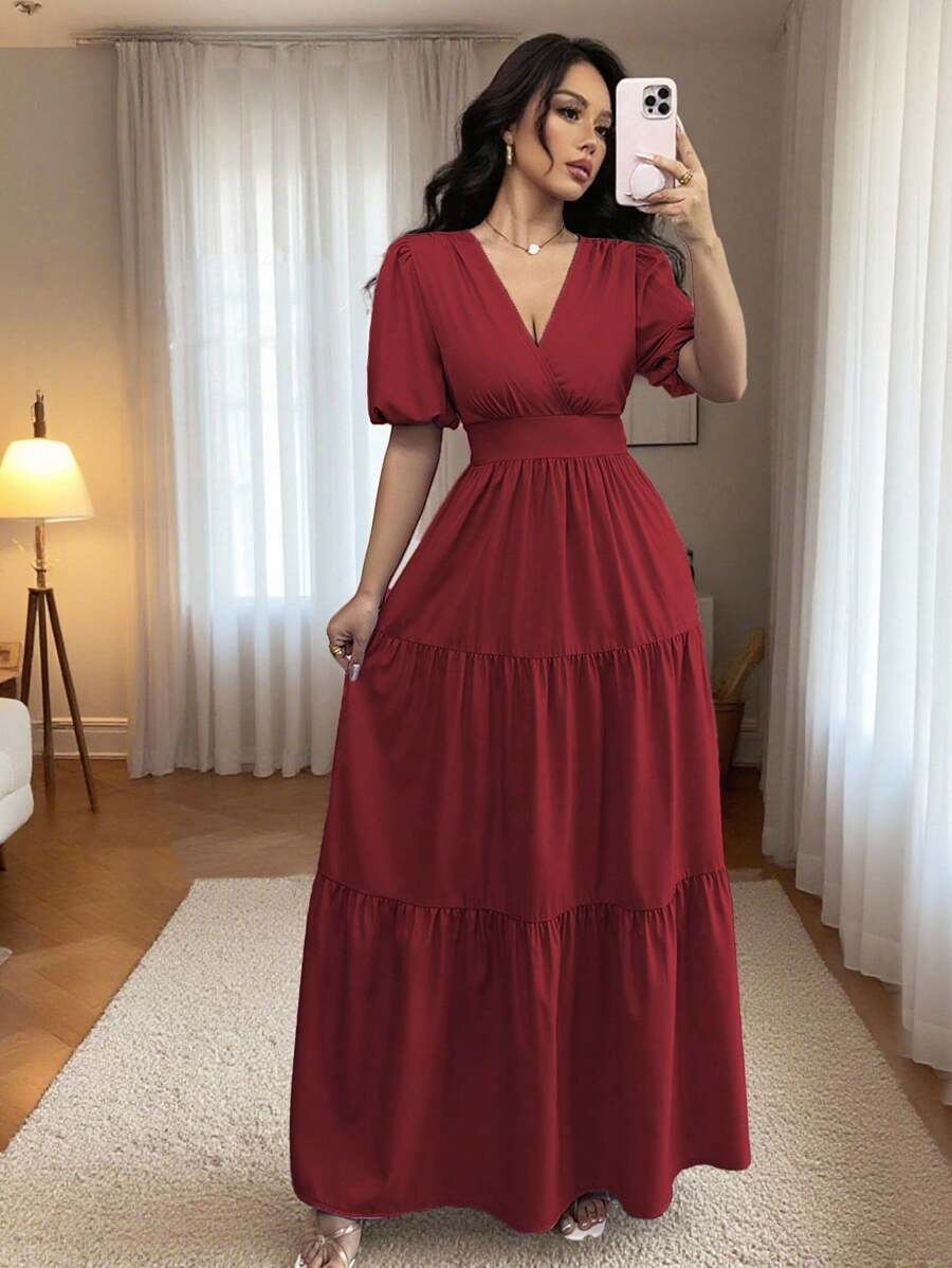 Rafferiza Elegant Casual Resort V-Neck Ruched Flared Maxi Dress With Puff Short Sleeve, Purple, New Arrival Spring/Summer For Women Summer Dress - Burgundy - View 1
