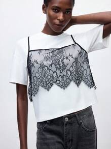 Maija 2025 年夏季新款黑色蕾丝吊带背心，合身无袖上衣，百搭可拆卸肩带，黑白撞色，时尚休闲都市优雅浪漫商务休闲办公室派对海滩音乐节婚礼宾客早午餐街头装机场返校秋季时尚 Y2K - 黑與白 - 查看 1