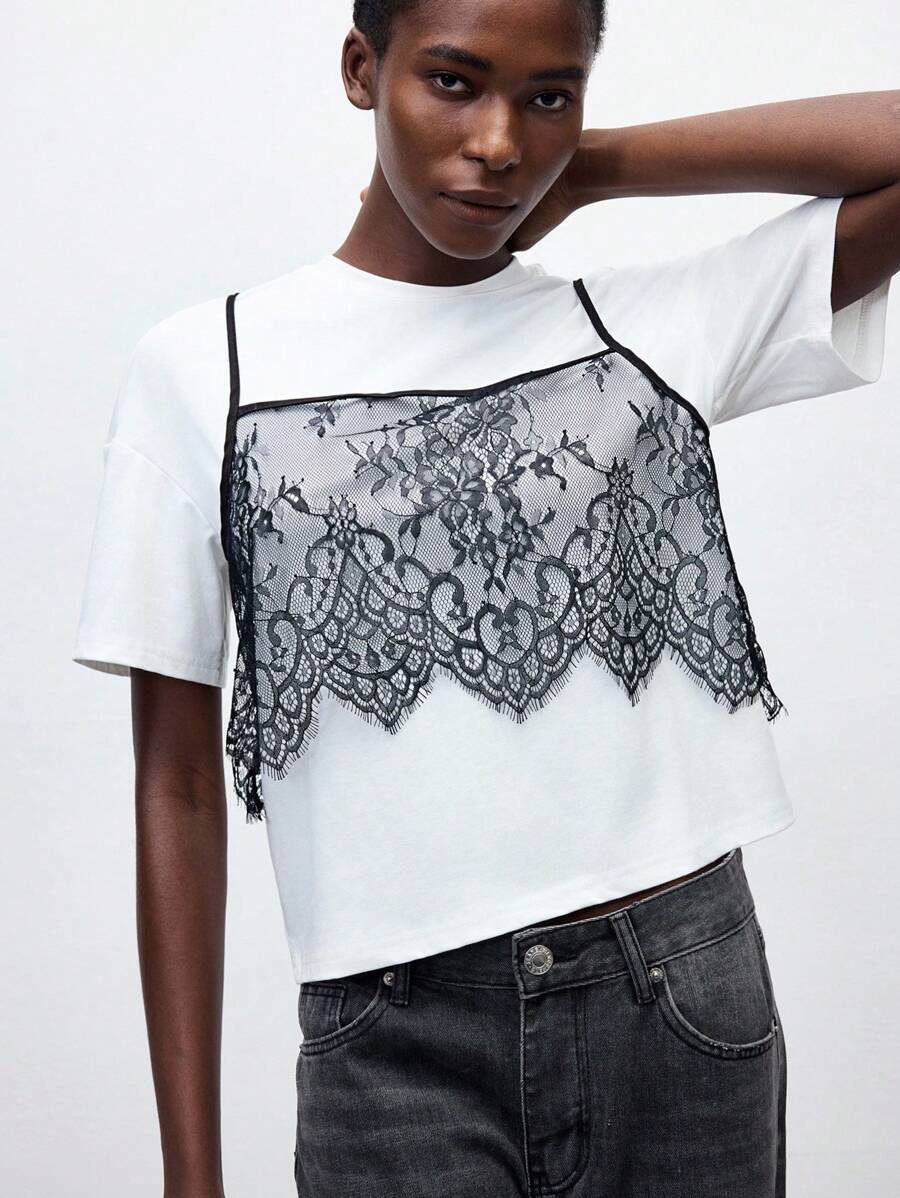 Maija 2025 年夏季新款黑色蕾丝吊带背心，合身无袖上衣，百搭可拆卸肩带，黑白撞色，时尚休闲都市优雅浪漫商务休闲办公室派对海滩音乐节婚礼宾客早午餐街头装机场返校秋季时尚 Y2K - 黑與白 - 查看 1