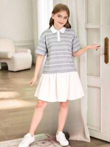 SHEIN Tween Girls Shirt Splicing Stripe Puff Skirt Suit, School Style, Suitable For Summer Casual Wear - Grey - View 1