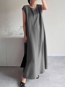 FRIFUL 女士长袖露背纯色连衣裙，女士度假沙滩夏季女装 - 深灰色 - 查看 2