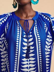 Travachic Women's Royal Blue Autumn Boho Vacation Holiday Plant Graphic Tassel Tie Neck Raglan Sleeve Loose Mini Shift Printed Tunic Blue And White Dress - Blue - View 7